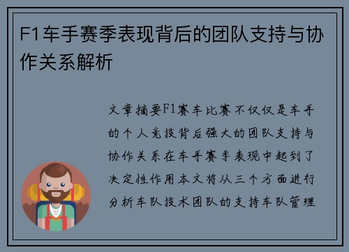 F1车手赛季表现背后的团队支持与协作关系解析